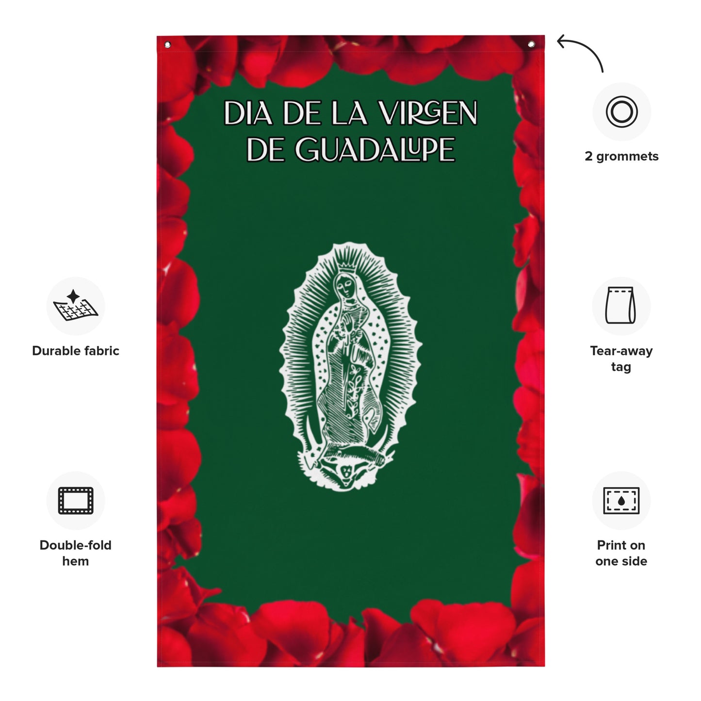 Festive Virgen de Guadalupe and Rose Petals Flag