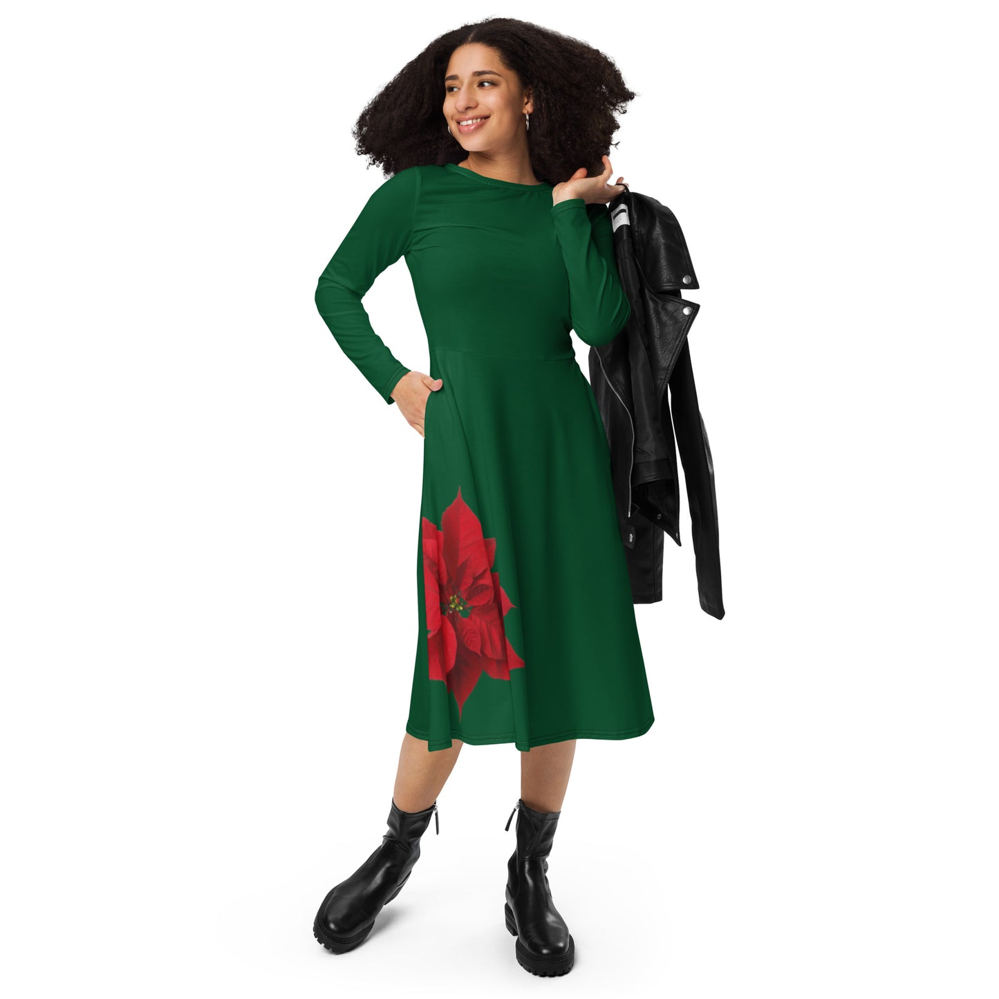Festive Poinsettia long sleeve midi dress - Christmas - Navidad - Noche Buena - Holidays