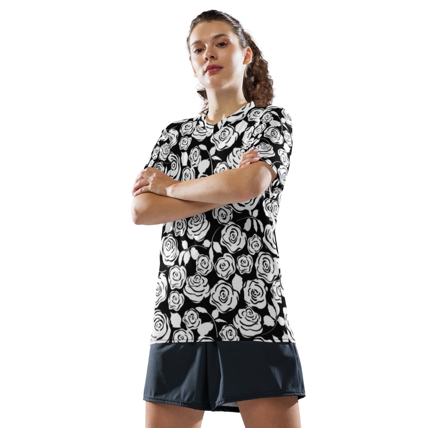 Black & White Floral Recycled unisex sports jersey
