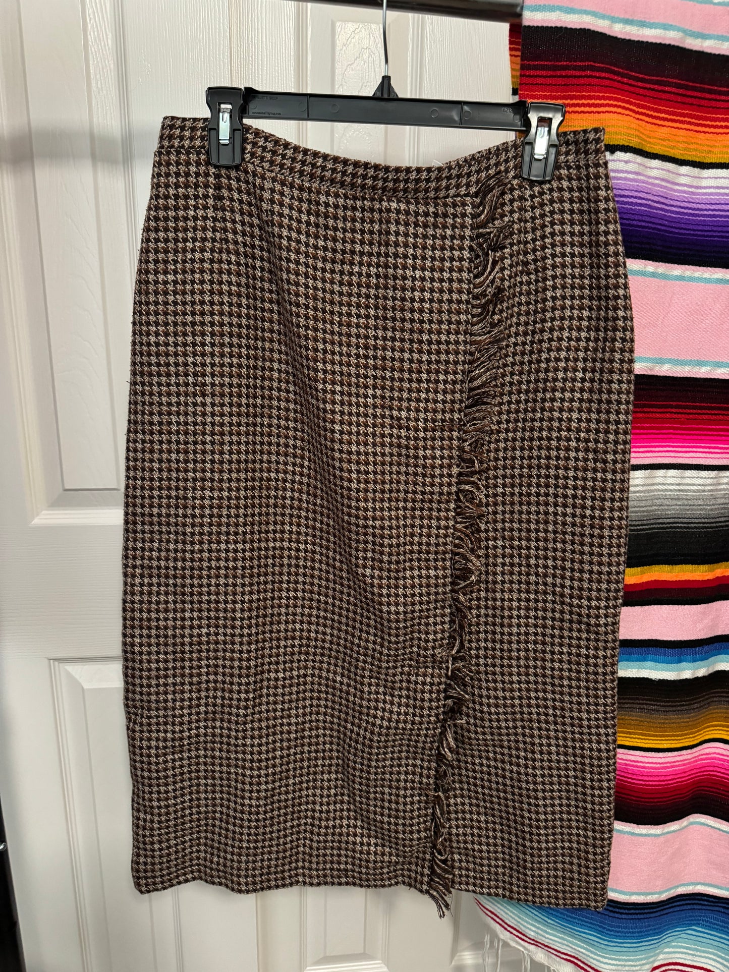 Brown Plaid Fringe faux wrap Pencil Skirt - Preowned