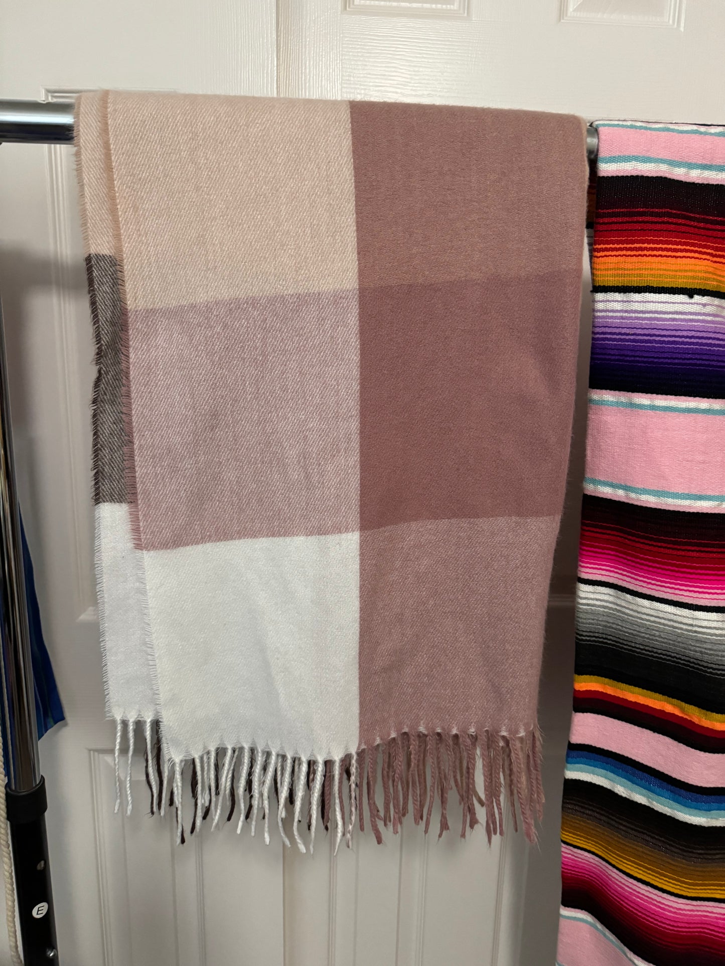 Plaid pink and brown fringe end rectangular Scarf shawl - Preowned