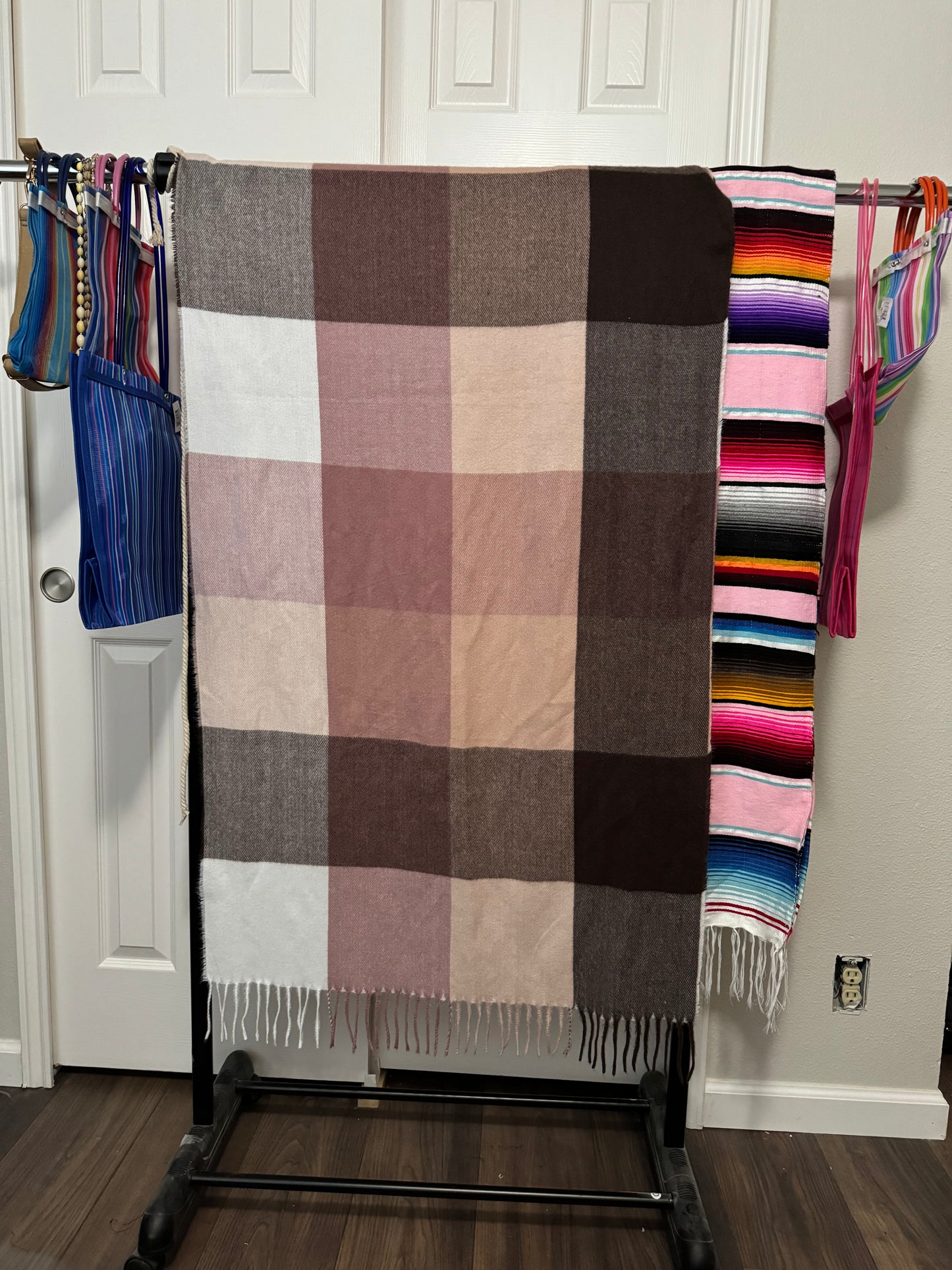 Plaid pink and brown fringe end rectangular Scarf shawl - Preowned