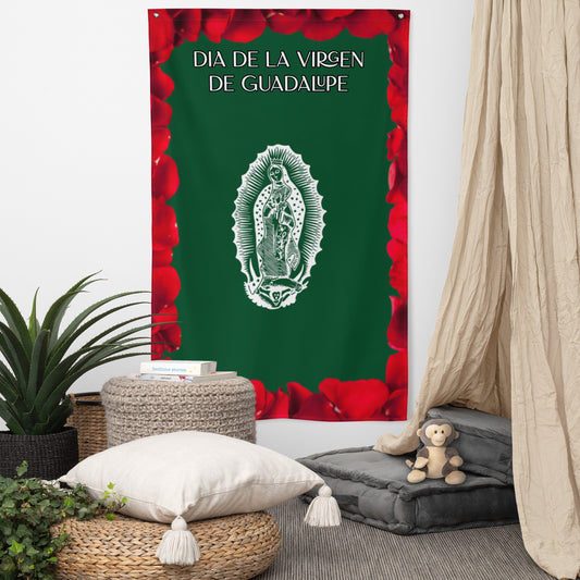 Festive Virgen de Guadalupe and Rose Petals Flag