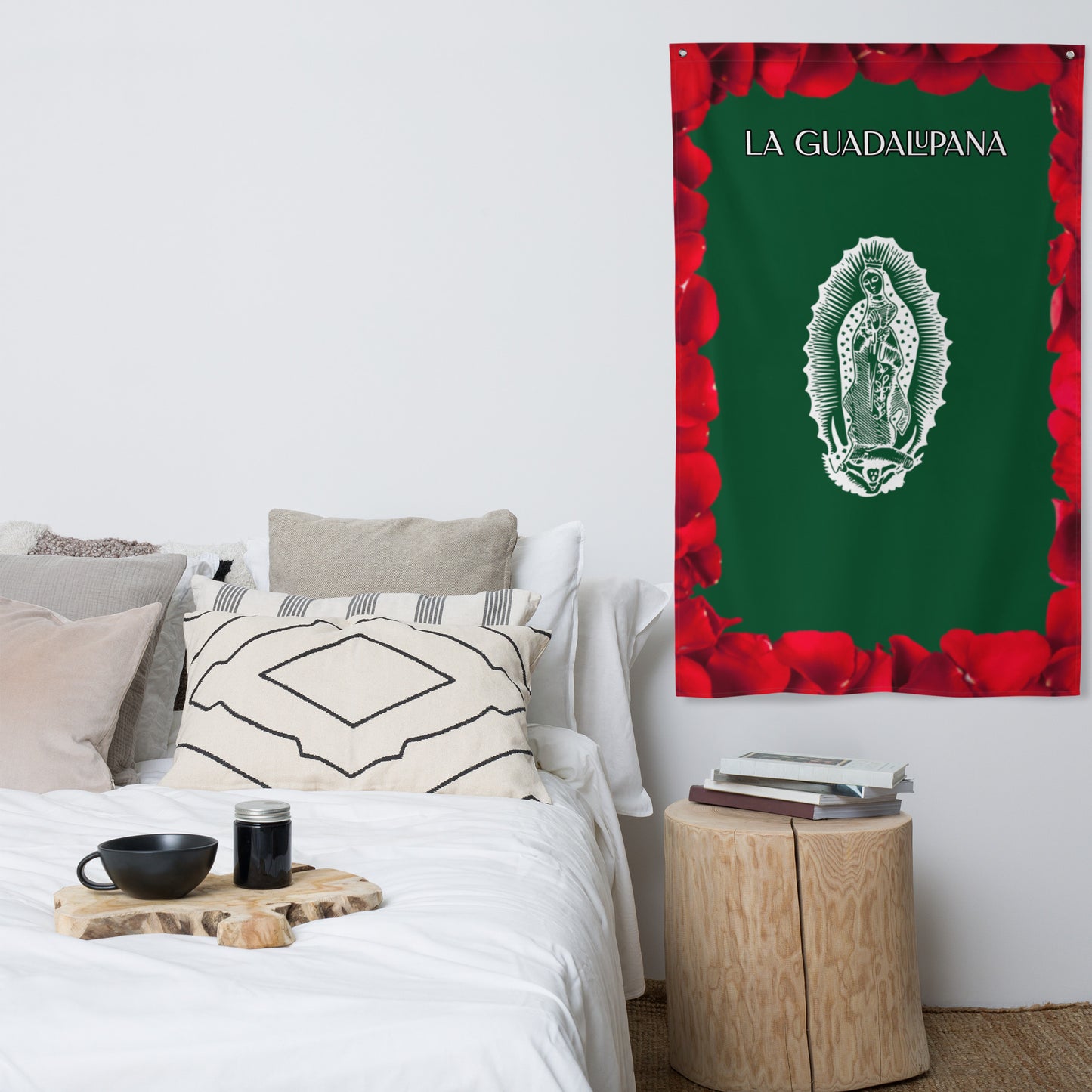 Festive La Guadalupana an Rose Petals Flag