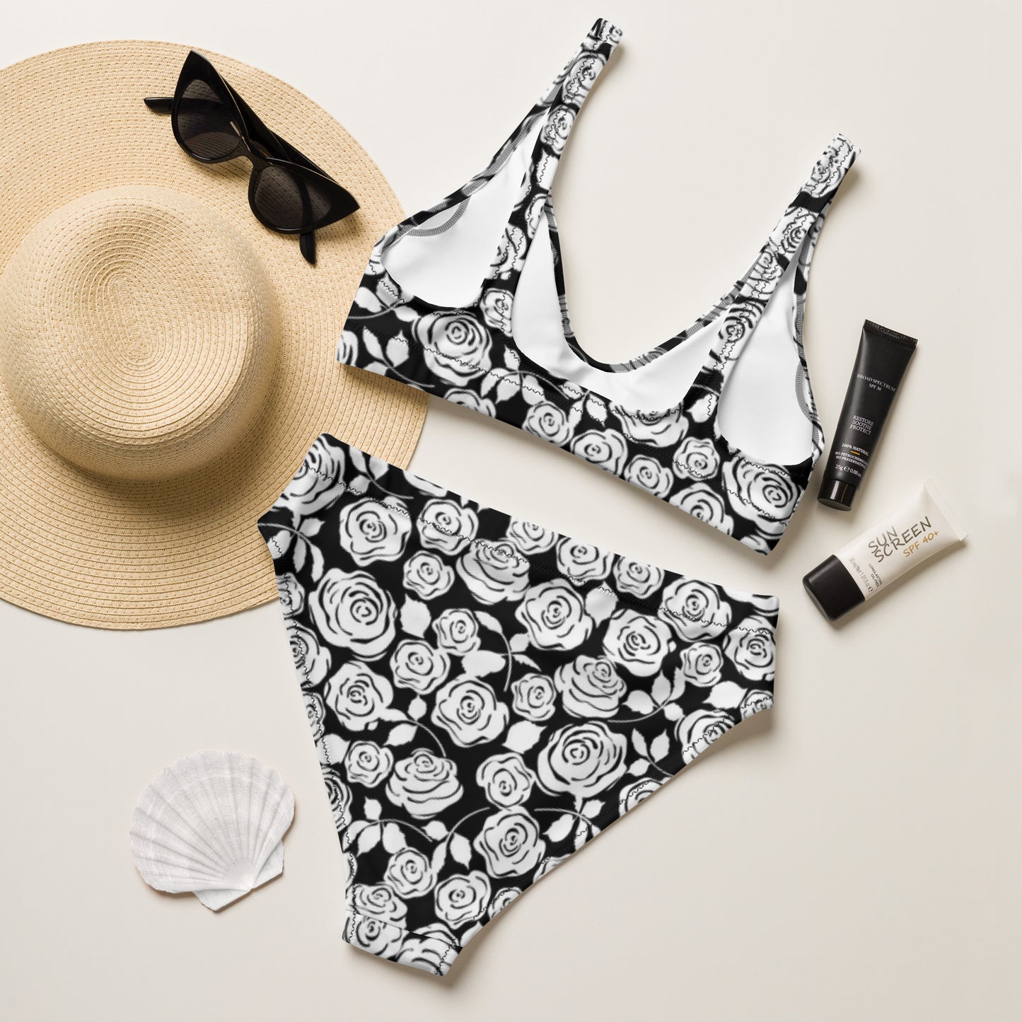 Black & White Floral Recycled high-waisted bikini - previously $51.95