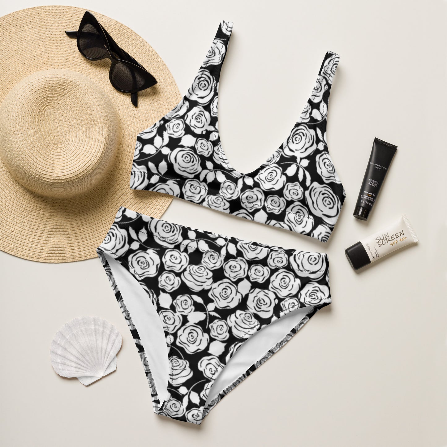 Black & White Floral Recycled high-waisted bikini - previously $51.95