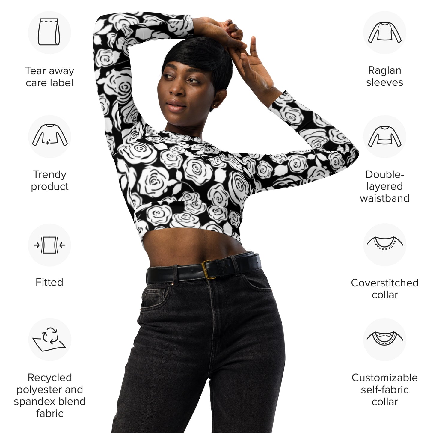 Black & White Floral Recycled long-sleeve crop top - previously $51.95