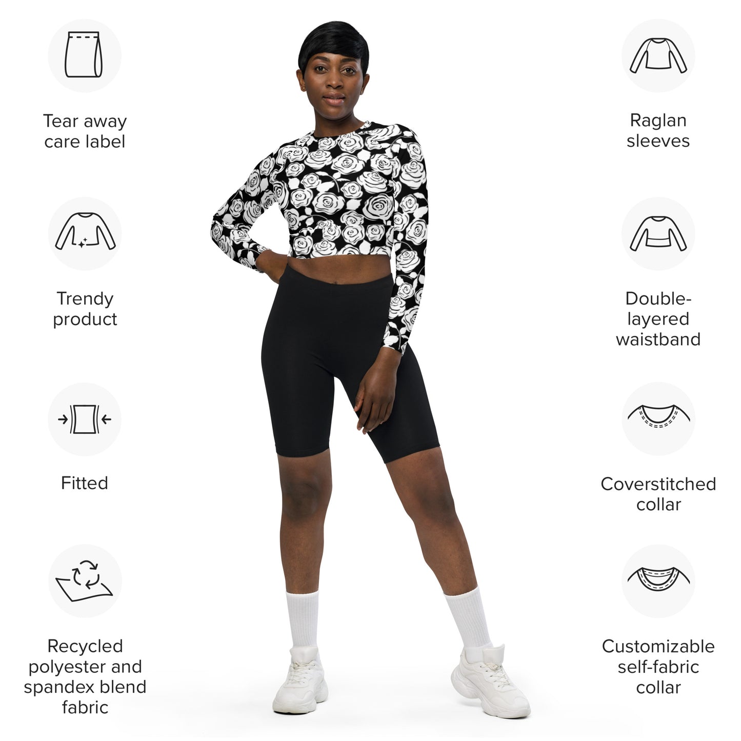 Black & White Floral Recycled long-sleeve crop top - previously $51.95