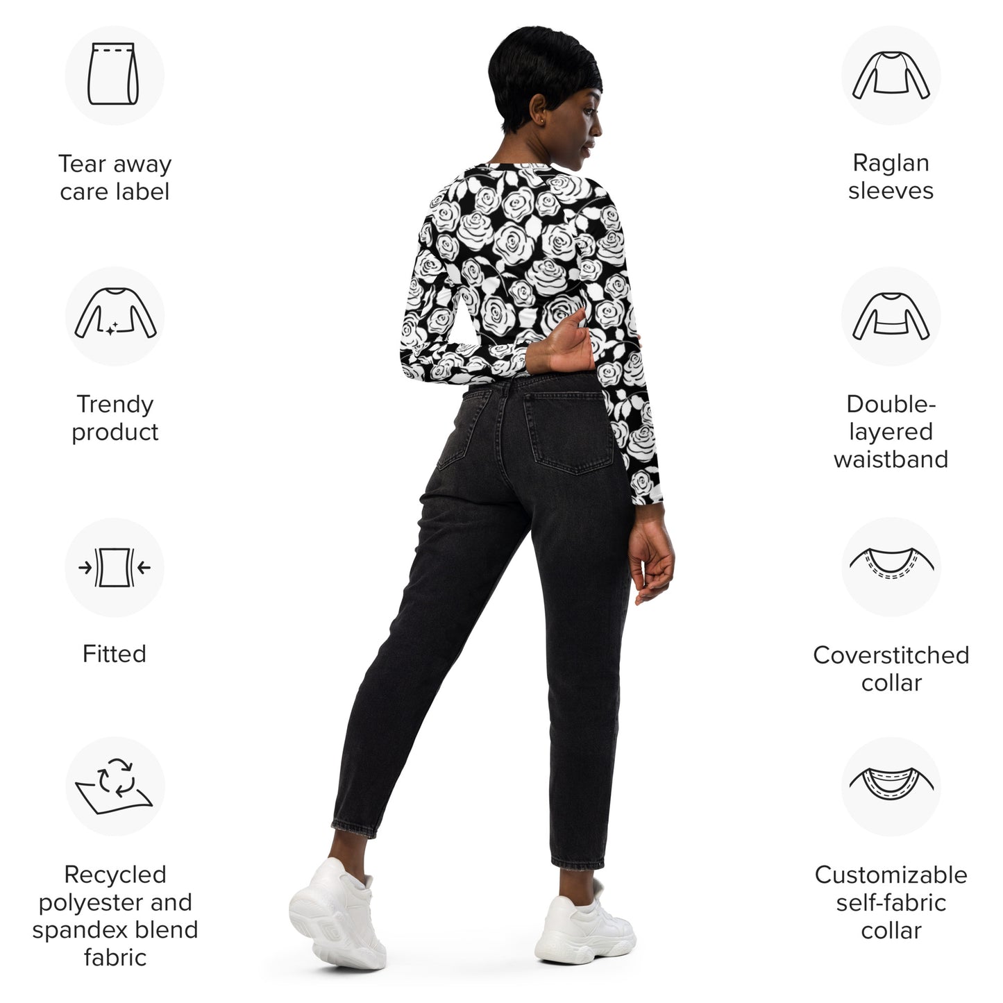 Black & White Floral Recycled long-sleeve crop top - previously $51.95