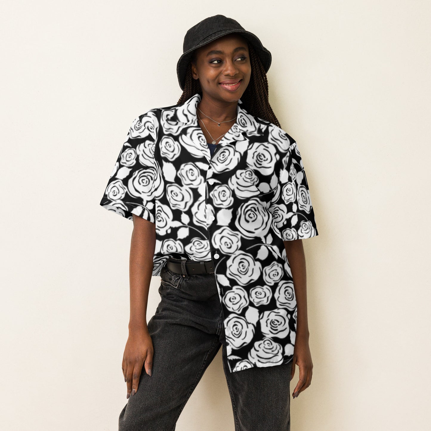 Black and White Floral Unisex button shirt - previously $54.50