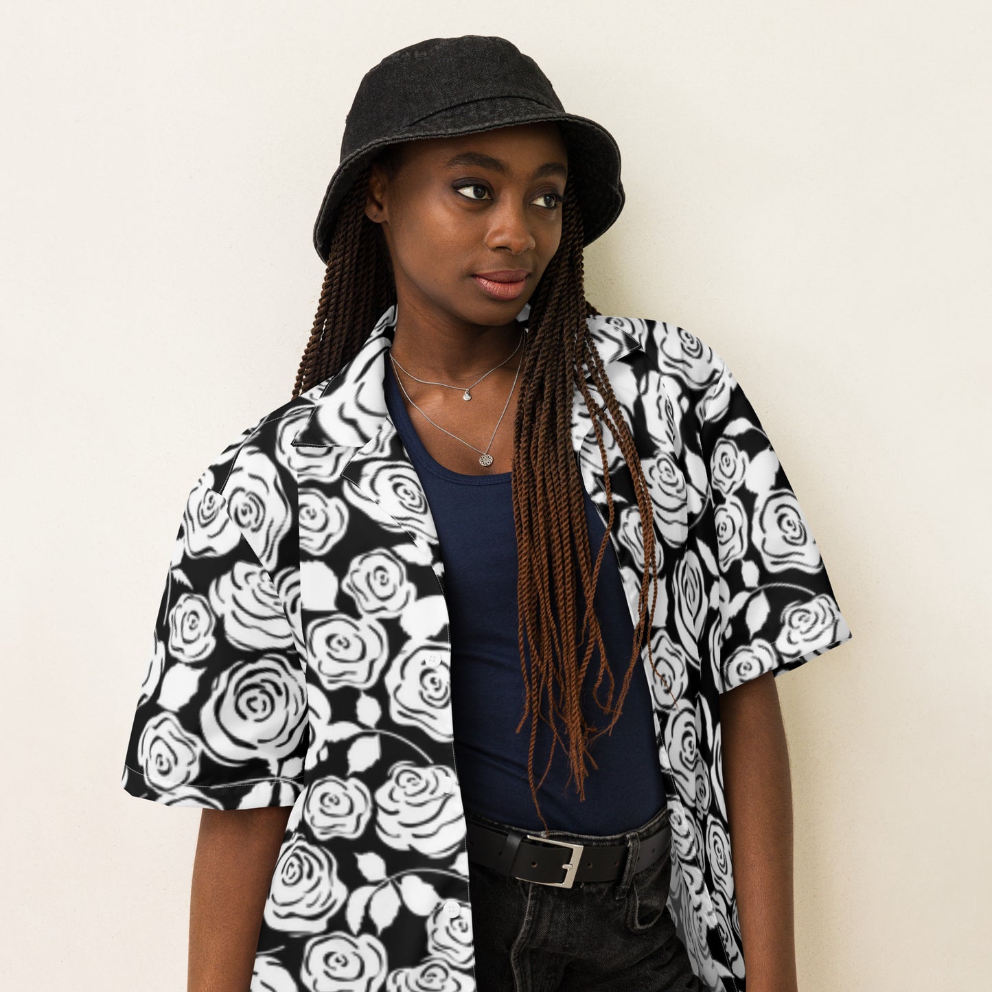 Black and White Floral Unisex button shirt - previously $54.50