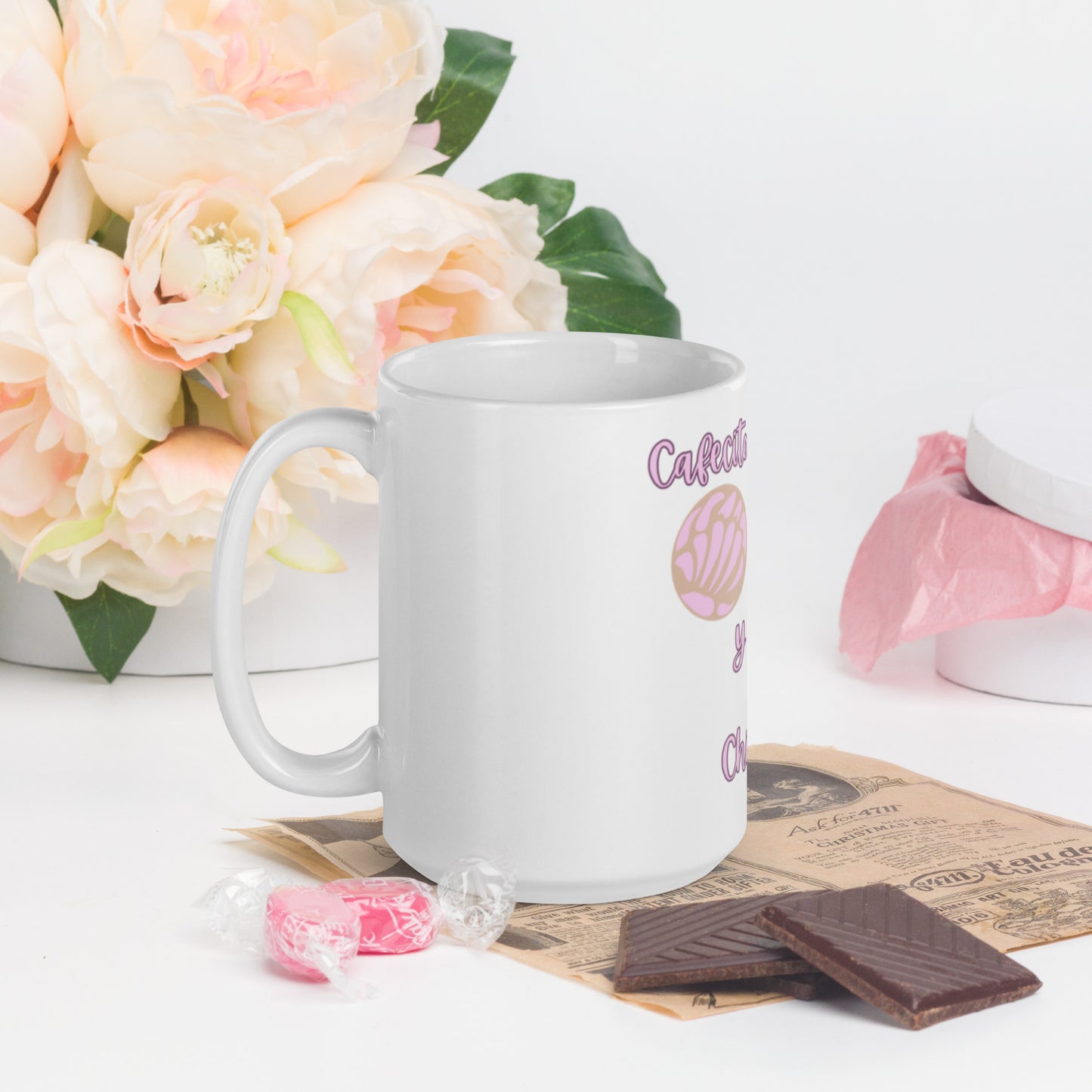 Cafecito, Pan Dulce, Y Chisme White glossy mug