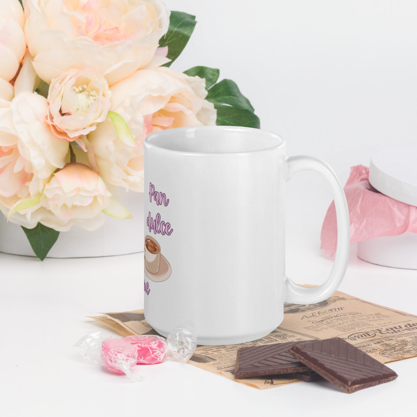 Cafecito, Pan Dulce, Y Chisme White glossy mug